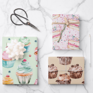 Mint Pink Cake Chocolate Cupcakes Birthday Wrapping Paper Sheets