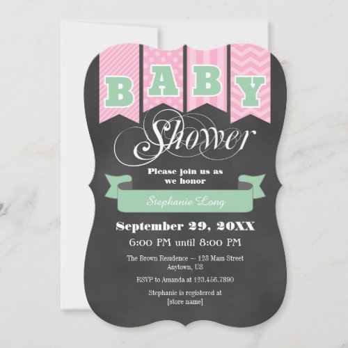 Mint Pink Chalkboard Flag Baby Shower Invite