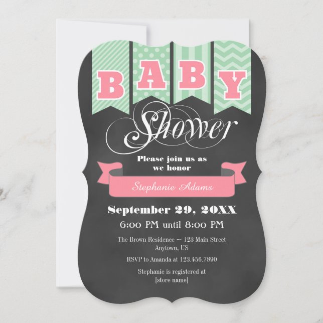 Mint Pink Chalkboard Flag Baby Shower Invite (Front)