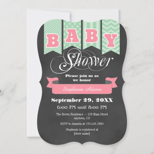 Mint Pink Chalkboard Flag Baby Shower Invite