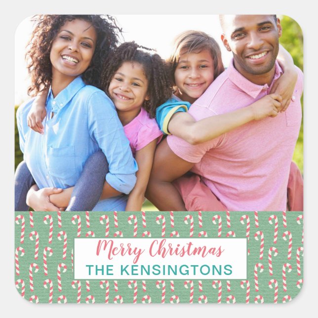 Mint Pink Christmas Candy Cane Holiday Photo Square Sticker (Front)