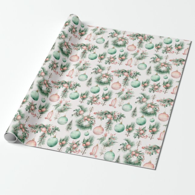 Mint Pink Christmas Ornaments Wrapping Paper (Unrolled)