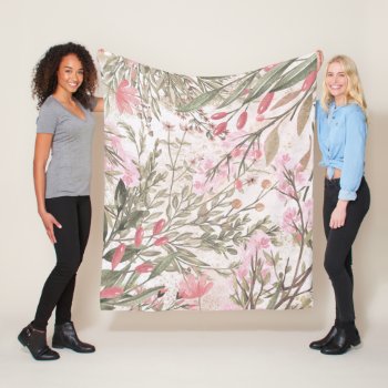 Mint Pink Coral Forest Green Watercolor Floral  Fleece Blanket by kicksdesign at Zazzle