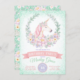 Mint Pink Cute Unicorn Birthday Party Invitations