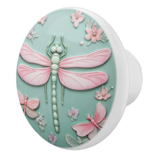 Mint & Pink Dragonfly and Flowers Girly Floral Ceramic Knob