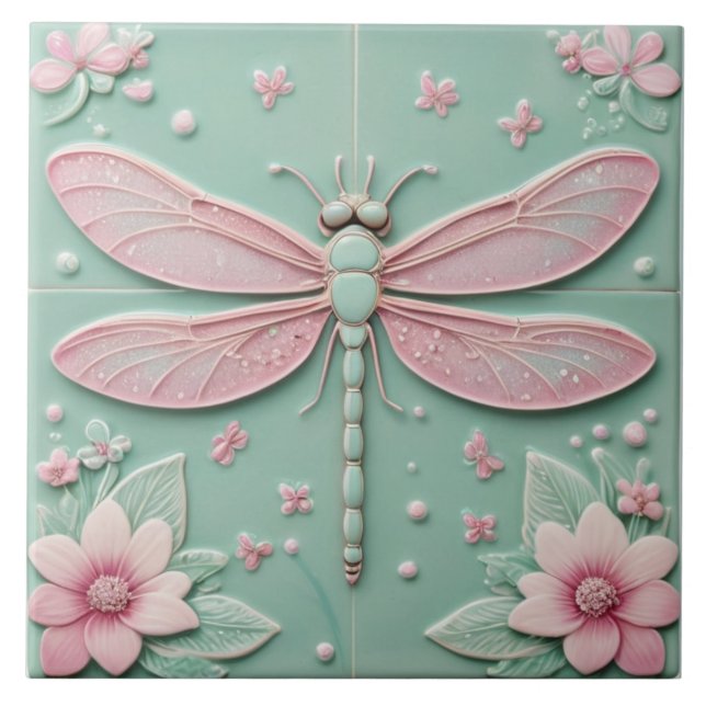 Mint & Pink Dragonfly and Flowers Girly Floral Ceramic Tile (Front)