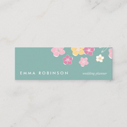 Mint pink elegant flowers illustration mini business card