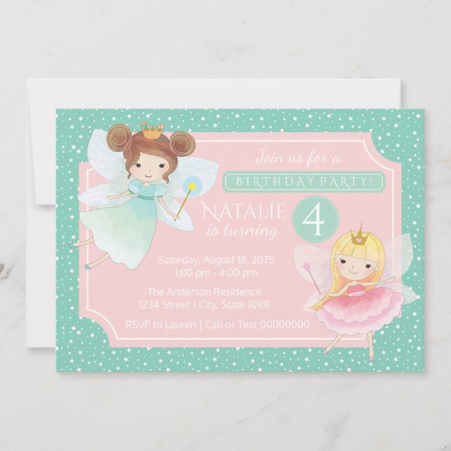 Mint Pink Fairy Princess Birthday Party Invitation (Front)