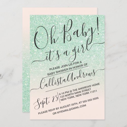 Mint Pink Faux Sparkly Glitter Ombre Baby Shower Invitation