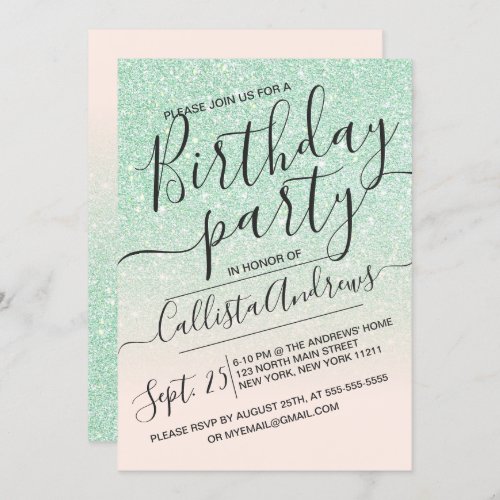 Mint Pink Faux Sparkly Glitter Ombre Birthday Invitation