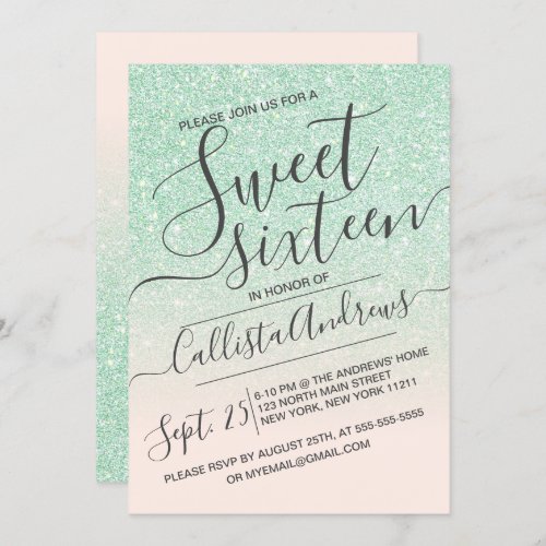 Mint Pink Faux Sparkly Glitter Ombre Sweet 16 Invitation
