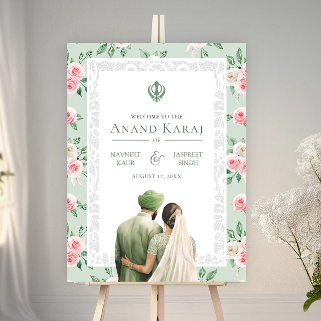 Mint Pink Floral Anand Karaj Wedding Welcome Sign (Creator Uploaded)