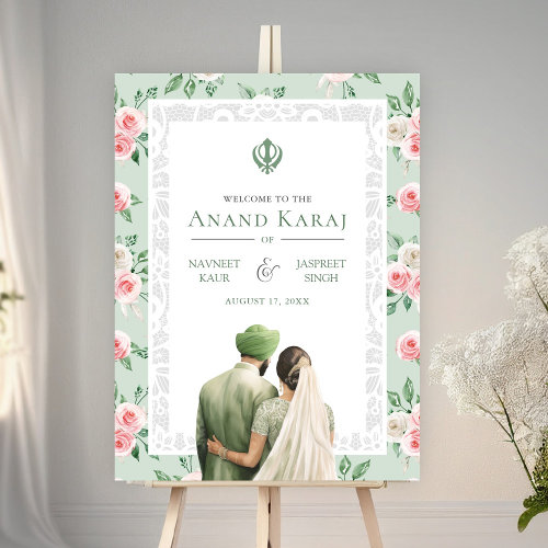 Mint Pink Floral Anand Karaj Wedding Welcome Sign
