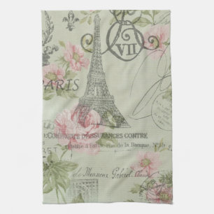 mint pink floral botanical paris eiffel tower kitchen towel
