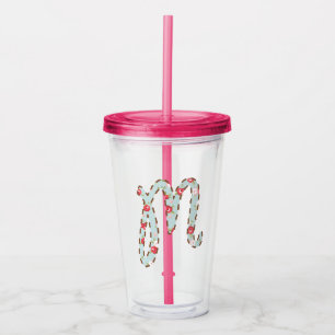 Mint Pink Floral Letter M Acrylic Tumbler