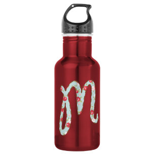 Mint Pink Floral Letter M   Stainless Steel Water Bottle