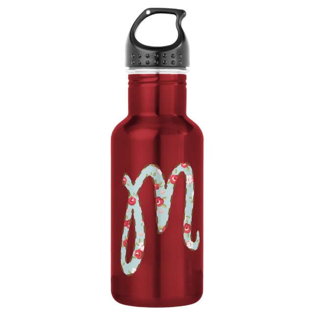 Mint Pink Floral Letter M   Stainless Steel Water Bottle (Front)