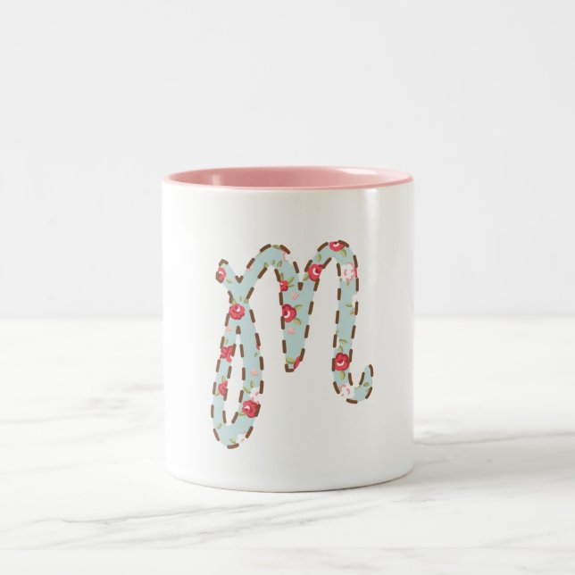 Mint Pink Floral Letter M   Two-Tone Coffee Mug (Center)