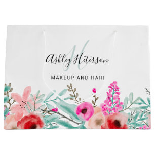 Mint pink floral watercolor monogrammed makeup large gift bag
