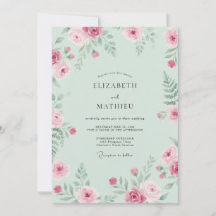 Mint Pink Floral Wedding Invitation