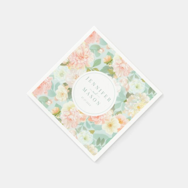 Mint Pink Floral Wedding Monogram Paper Napkins (Corner)