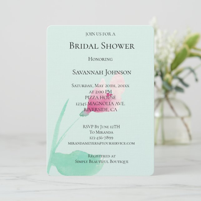 Mint Pink Flower Bridal Shower Invitation (Standing Front)