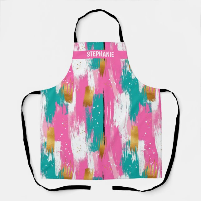 Mint Pink Gold Abstract Brushstroke Pattern Apron (Front)