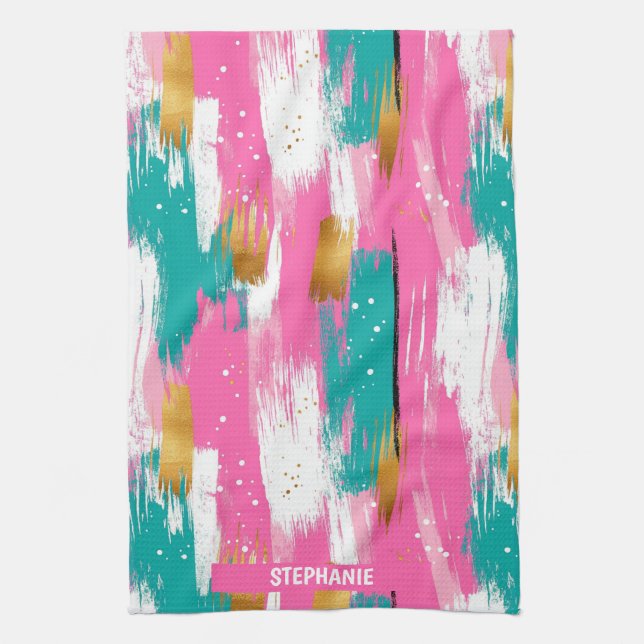 Mint Pink Gold Abstract Brushstroke Pattern Kitchen Towel (Vertical)