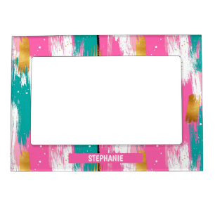 Mint Pink Gold Abstract Brushstroke Pattern Magnetic Frame