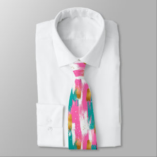 Mint Pink Gold Abstract Brushstroke Pattern Neck Tie