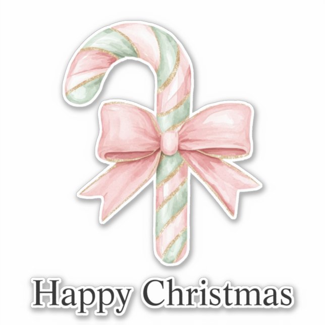 Mint Pink Gold Candy Cane Bow Christmas Sticker (Front)