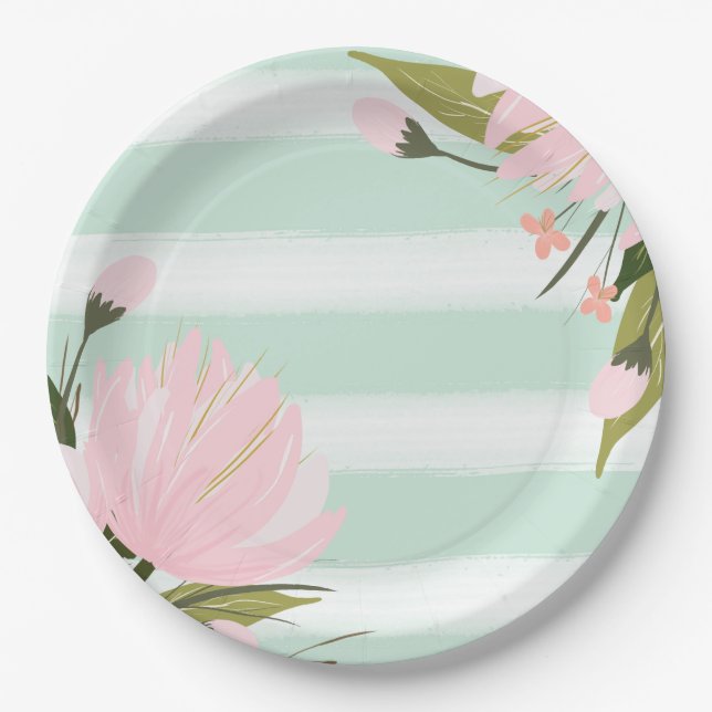Mint Pink Gold Floral Baby Shower Paper Plates (Front)