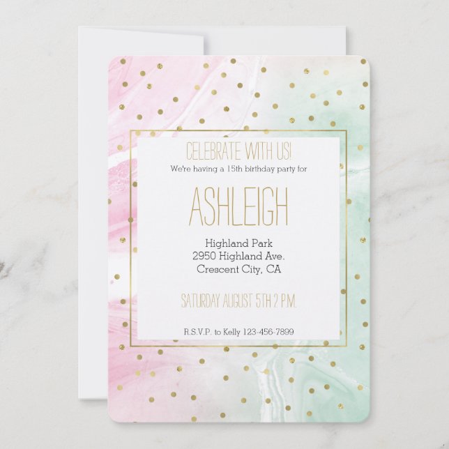 Mint Pink Gold Ombre Confetti Birthday Invitation (Front)