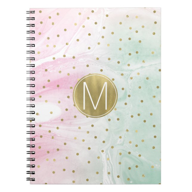 Mint Pink Gold Ombre Confetti Monogram Notebook (Front)
