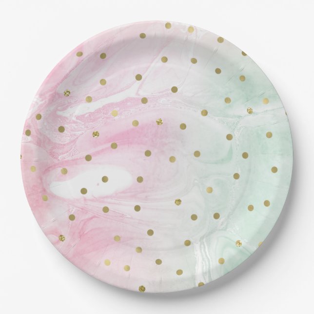 Mint Pink Gold Ombre Confetti Paper Plates (Front)