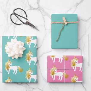 Mint Pink Gold White Unicorn Birthday Wrapping Paper Sheets