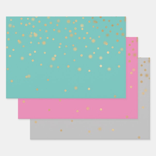 Mint Pink Grey Gold Confetti Wrapping Paper Sheets (Set)