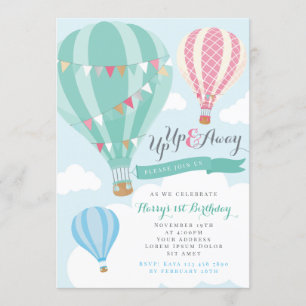 Mint & Pink Hot Air Balloon Birthday Invitation