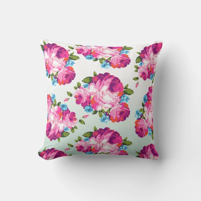 Mint & Pink Ombre Floral Cushion Throw Pillow (Front)