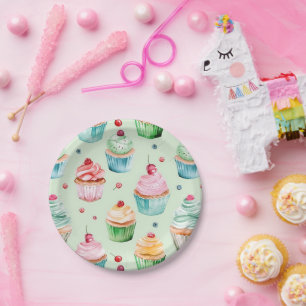 Mint Pink Peach Cupcakes Birthday Paper Plates