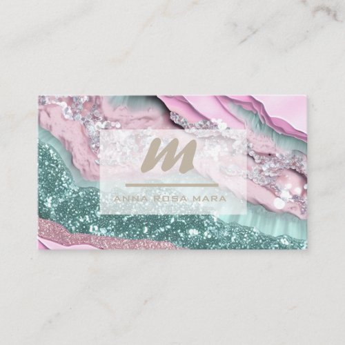  MINT PINK QR Marble Glam Luxe Initial AP66 Business Card