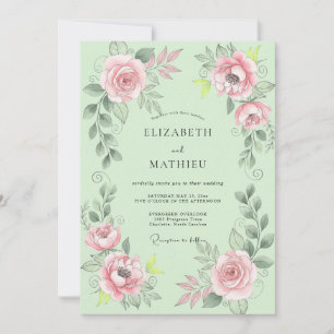 Mint Pink Ranunculus Eucalyptus Wedding Invitation