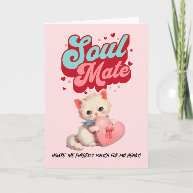 Mint Pink Soul Mate Retro Cat Valentine’s Day Card (Front)