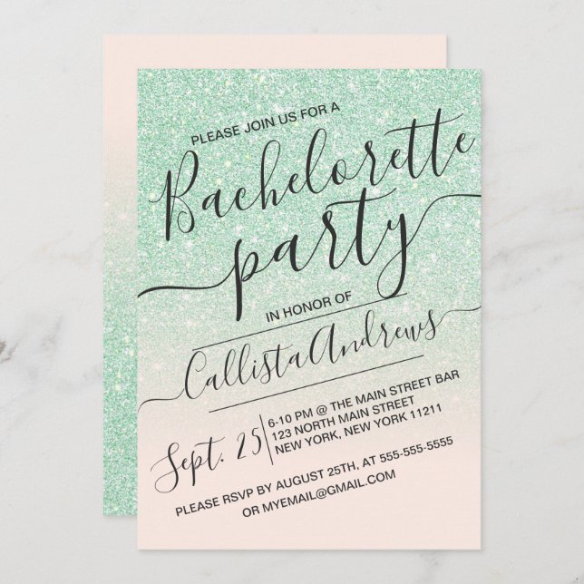 Mint Pink Sparkly Glitter Ombre Bachelorette Invitation (Front/Back)