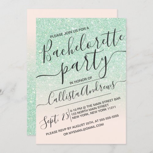 Mint Pink Sparkly Glitter Ombre Bachelorette Invitation