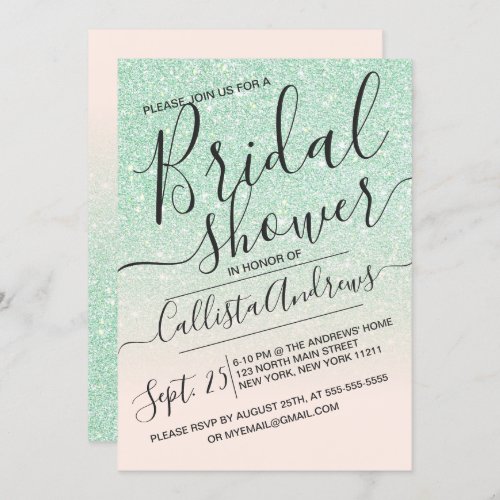 Mint Pink Sparkly Glitter Ombre Bridal Shower Invitation