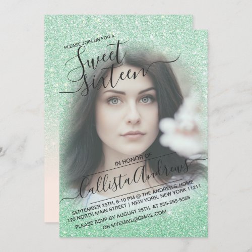 Mint Pink Sparkly Glitter Ombre Photo Sweet 16 Invitation