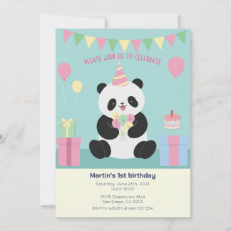 Mint & Pink sweet Panda design Invitation