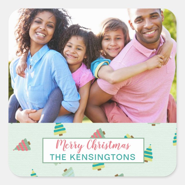 Mint Pink Teal Christmas Pattern Holiday Photo Square Sticker (Front)