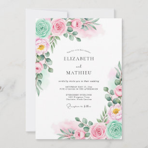 Mint Pink Watercolor Botanical Wedding Invitation